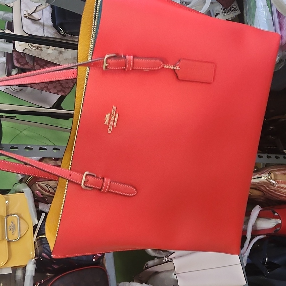 Coach Red /Orange Tote Bag; Lg., beautiful; NWOT; yellow and teal interior.